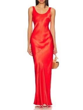 Line & Dot Red Satin Scoop Neck Maxi Dress